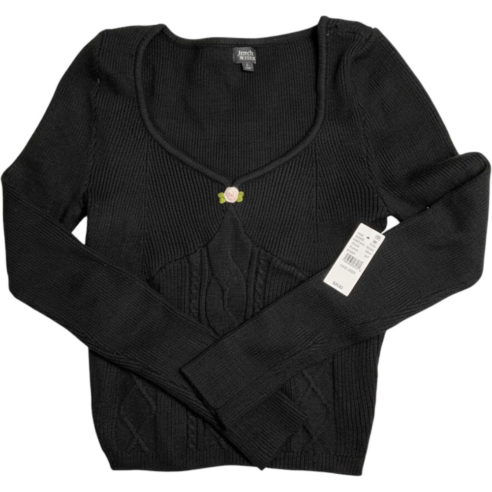 Beverly and Beck Womens Black Ribbed Cable Knit Rose Applique Top Large NWT